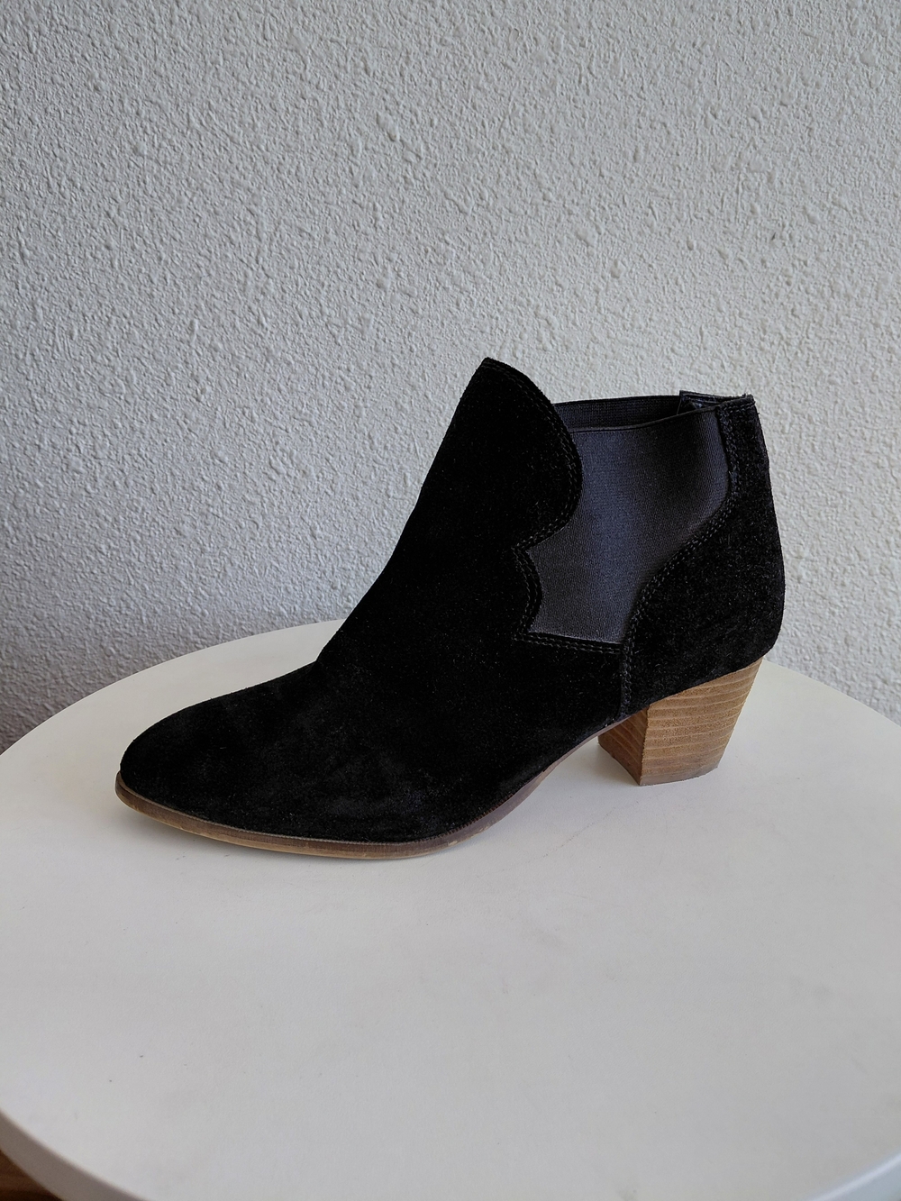 Coolway Womens Black Suede Elastic Gores  Stacked Heels Ankle Boots
